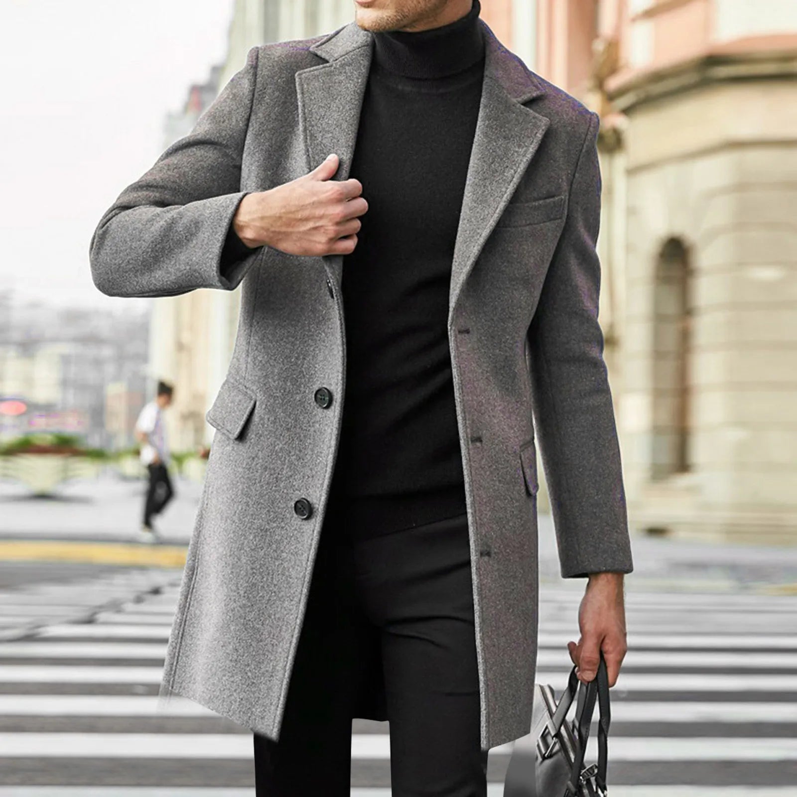 Men's Overcoat - Wool Blend - Slim Fit - Mid-Length Button-Up Classic Style