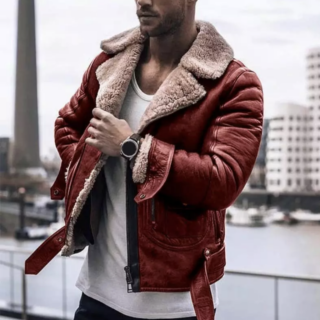 Men’s Biker Jacket - Faux Shearling Lining - Zipper Closure - Tailored Fit