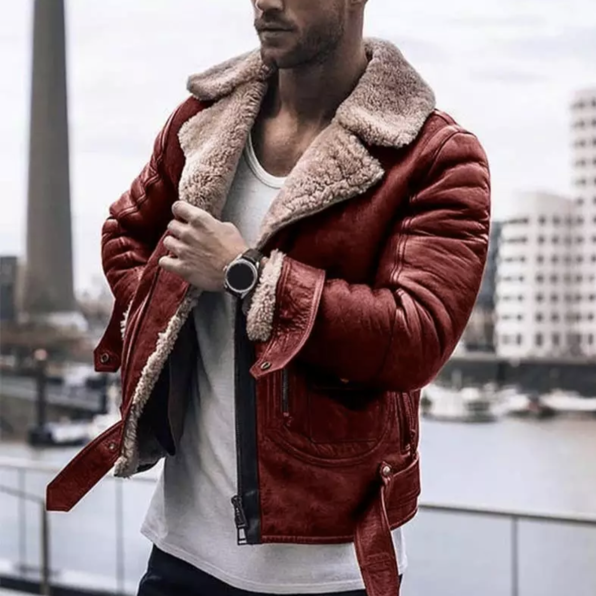 Men’s Biker Jacket - Faux Shearling Lining - Zipper Closure - Tailored Fit