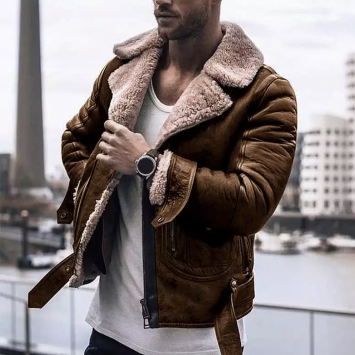 Men’s Biker Jacket - Faux Shearling Lining - Zipper Closure - Tailored Fit
