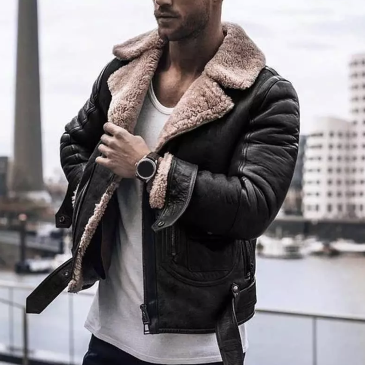 Men’s Biker Jacket - Faux Shearling Lining - Zipper Closure - Tailored Fit