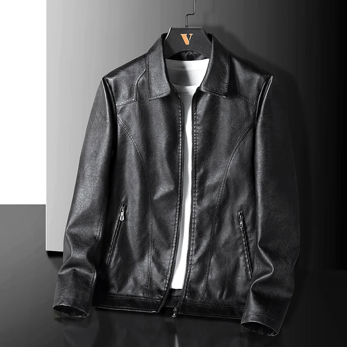 Men’s Leather Jacket - Structured Fit - Turn-Down Collar - Zipper Closure - Classic Design