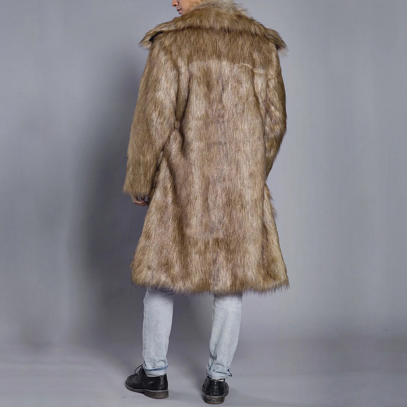 Men’s Fur Coat – Oversized Fit – Faux Fur – Full Length – Wide Collar – Open Front