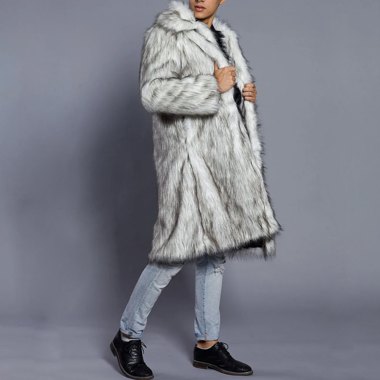 Men’s Fur Coat – Oversized Fit – Faux Fur – Full Length – Wide Collar – Open Front
