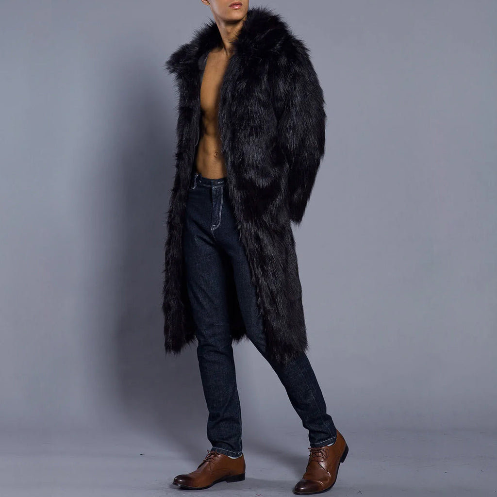 Men’s Fur Coat – Oversized Fit – Faux Fur – Full Length – Wide Collar – Open Front