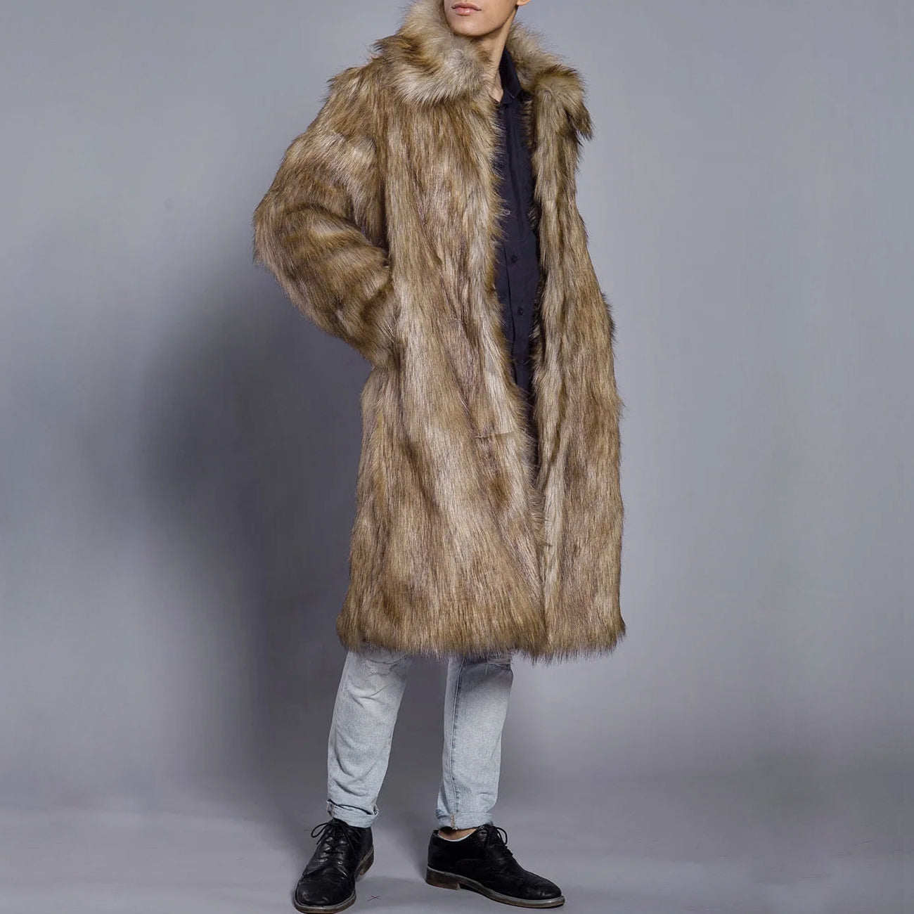 Men’s Fur Coat – Oversized Fit – Faux Fur – Full Length – Wide Collar – Open Front