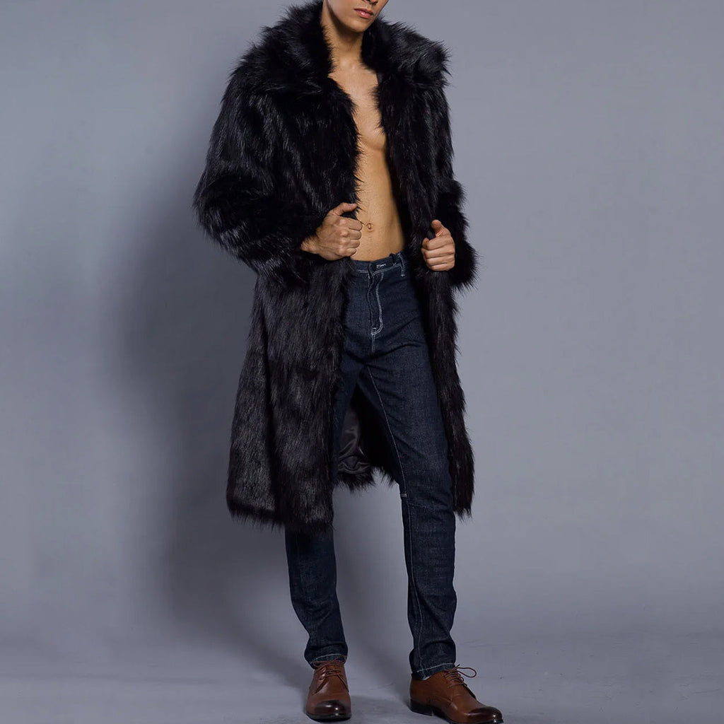 Men’s Fur Coat – Oversized Fit – Faux Fur – Full Length – Wide Collar – Open Front