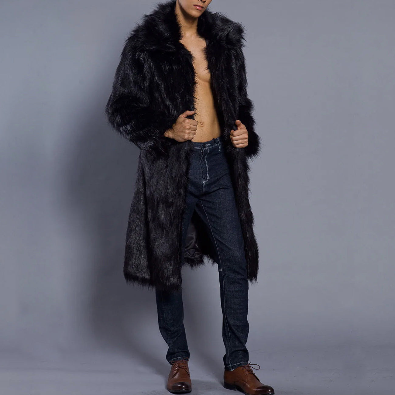 Men’s Fur Coat – Oversized Fit – Faux Fur – Full Length – Wide Collar – Open Front
