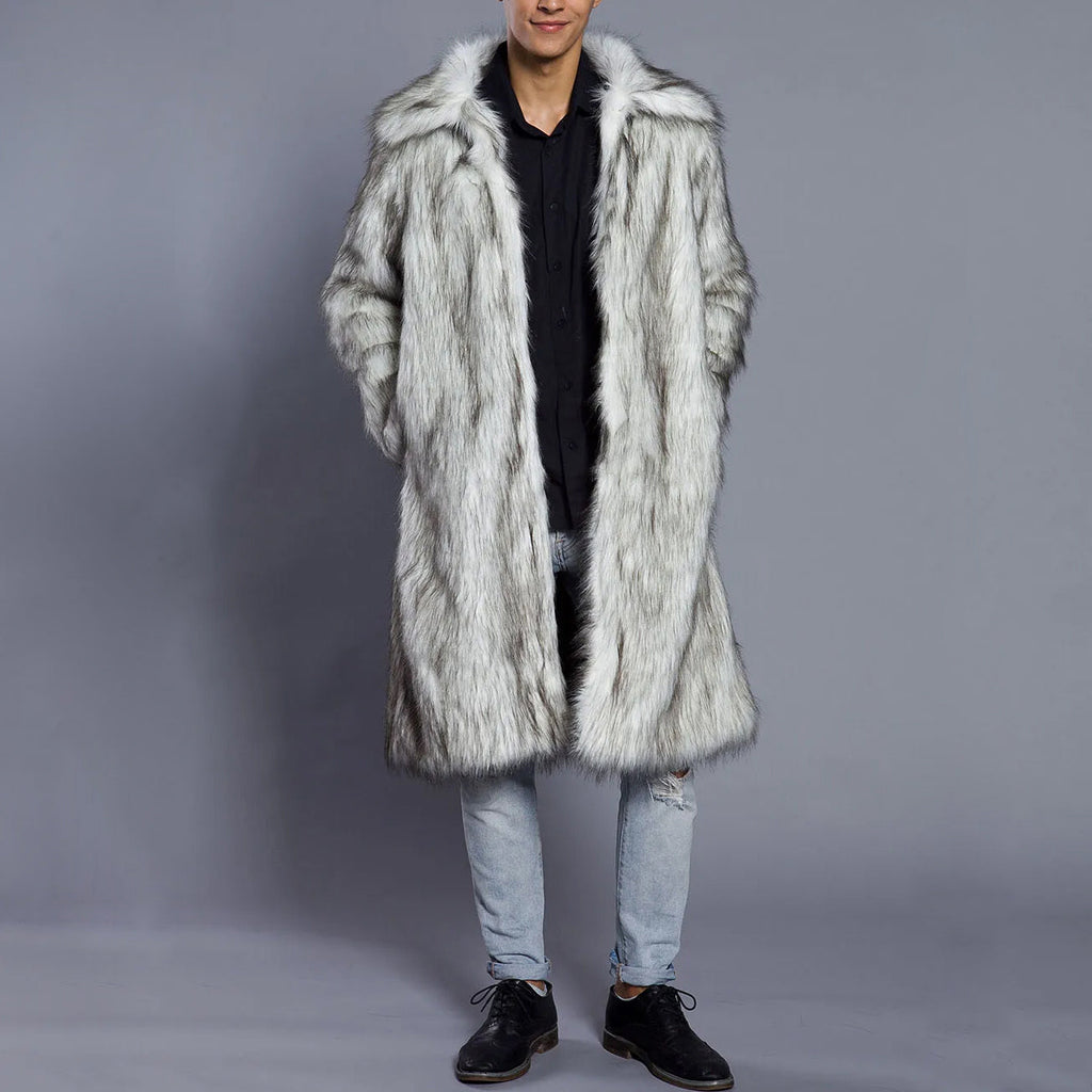 Men’s Fur Coat – Oversized Fit – Faux Fur – Full Length – Wide Collar – Open Front