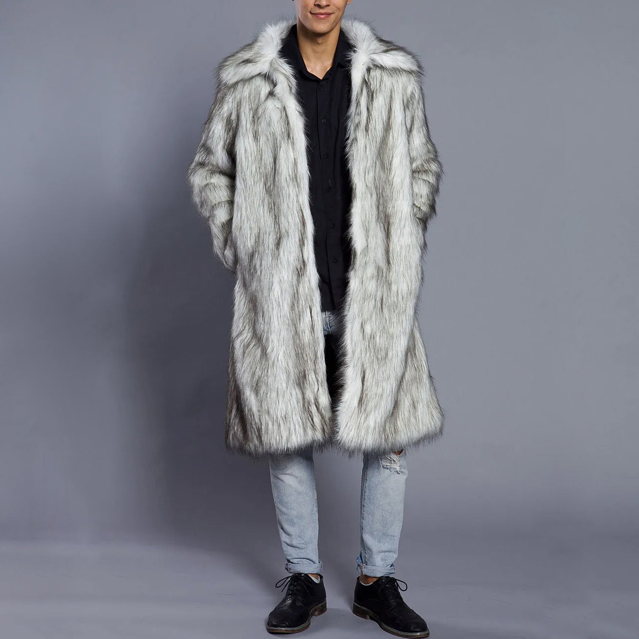 Men’s Fur Coat – Oversized Fit – Faux Fur – Full Length – Wide Collar – Open Front