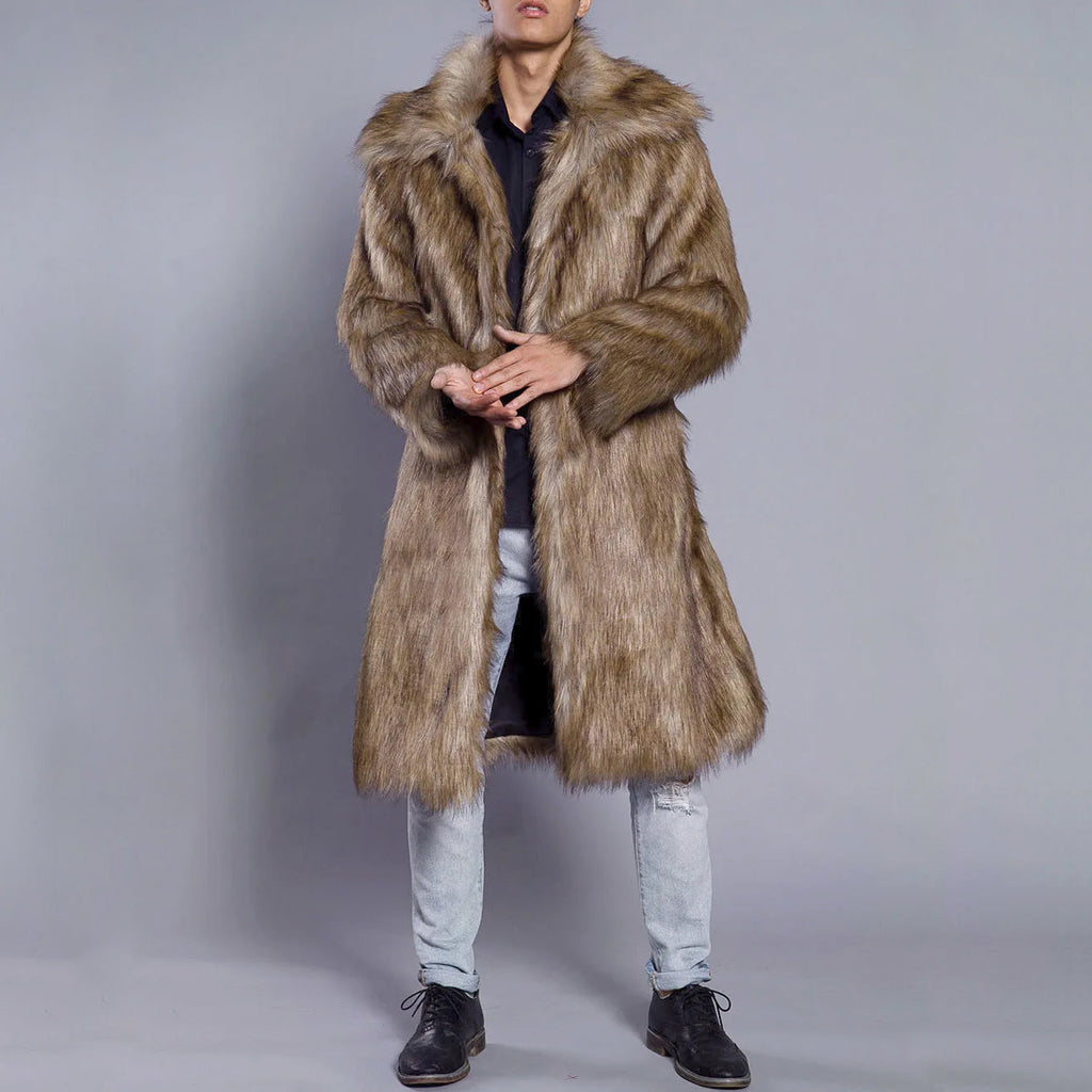 Men’s Fur Coat – Oversized Fit – Faux Fur – Full Length – Wide Collar – Open Front