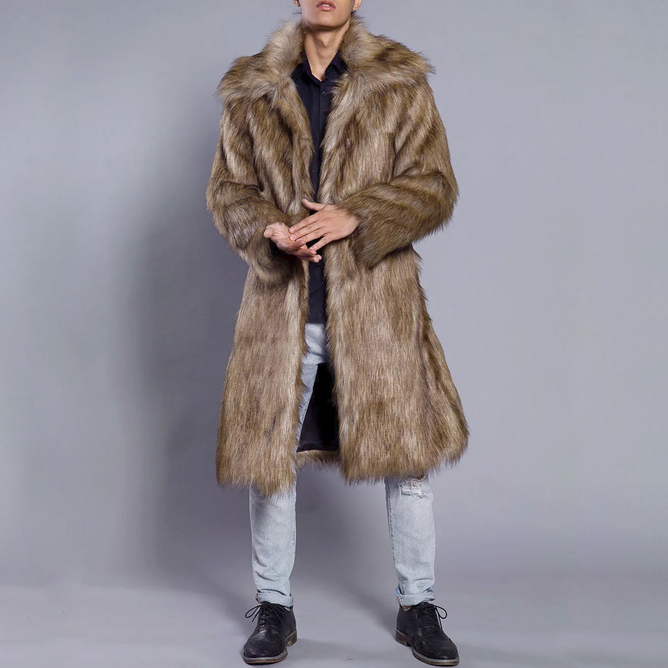 Men’s Fur Coat – Oversized Fit – Faux Fur – Full Length – Wide Collar – Open Front