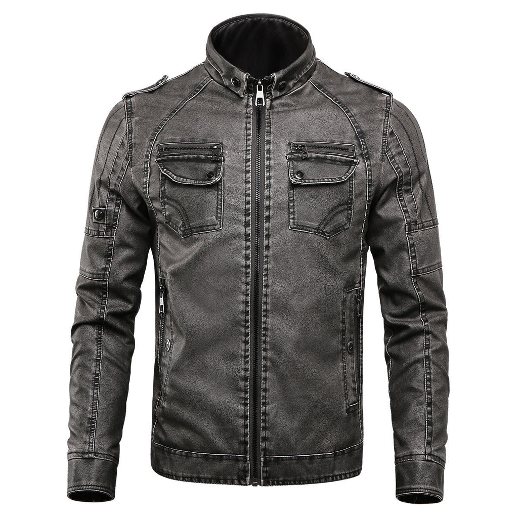 Men’s Biker Jacket – Structured Fit – Faux Leather – Zipped Cuffs – Multiple Pockets