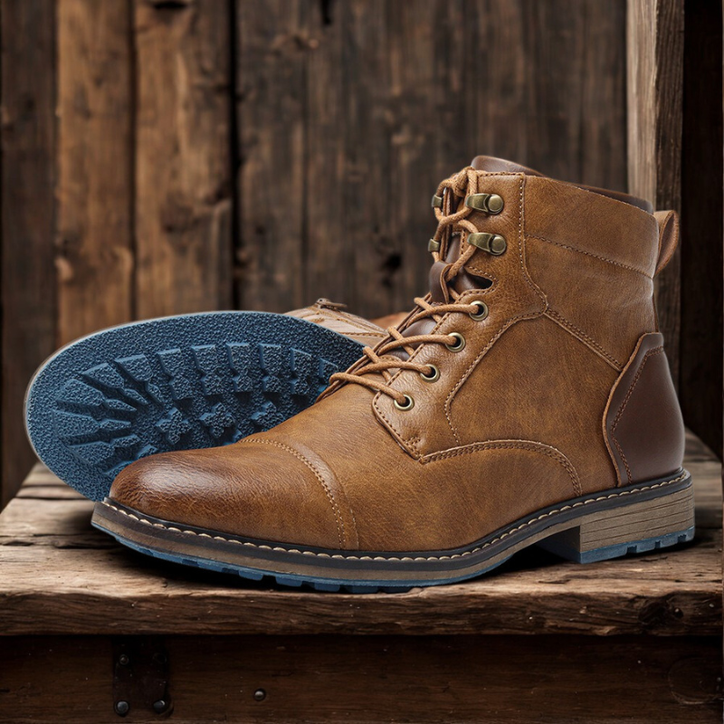 Men’s Short Boots – Leather High Top – Cap Toe – Lace-Up with Zipper – Lug Sole