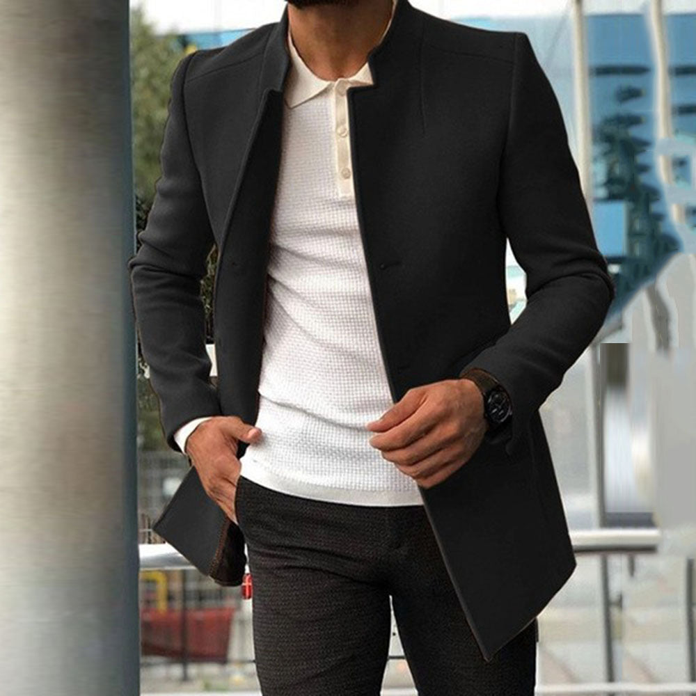 Men’s Overcoat - Tailored Fit - Stand Collar - Hidden Button Closure