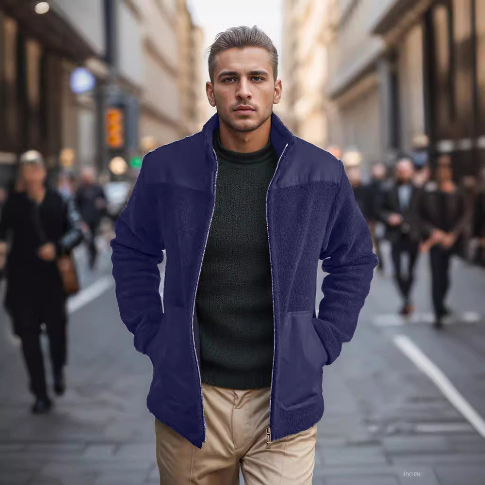 Men’s Stand Collar Coat – Polar Fleece – Regular Fit – Full Zip – Hip Length Casual Layer