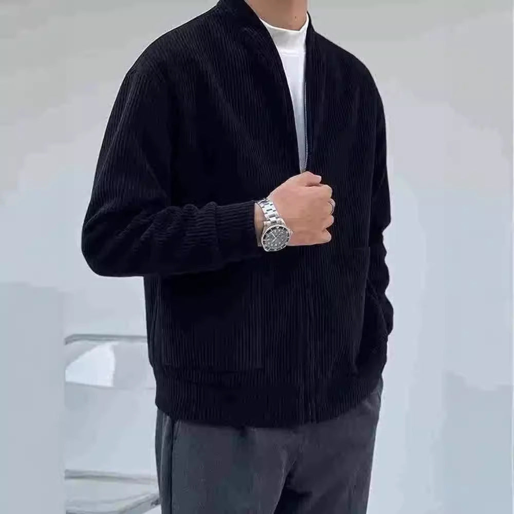 Men’s Corduroy Jacket – Relaxed Fit – V-Neck Zip Front – Ribbed Texture – Hip Length