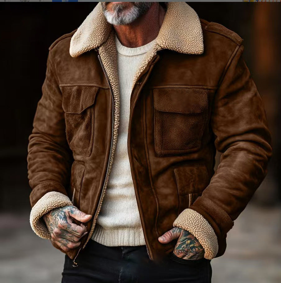 Men’s Shearling Jacket –  Structured Fit – Flap Pockets – Zip Front