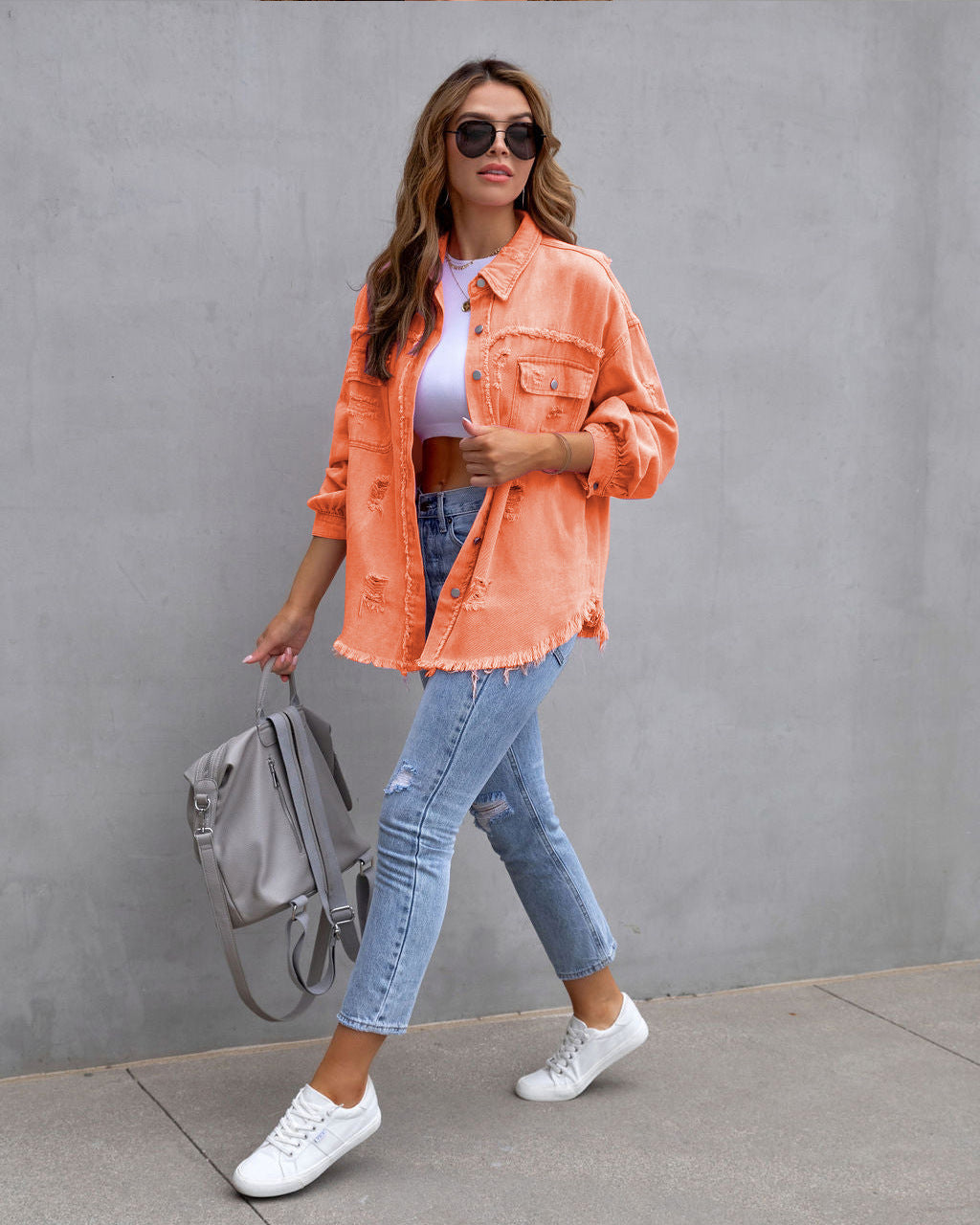 Women’s Denim Jacket – Oversized Fit – Distressed Frayed – Mid Length Casual Layer