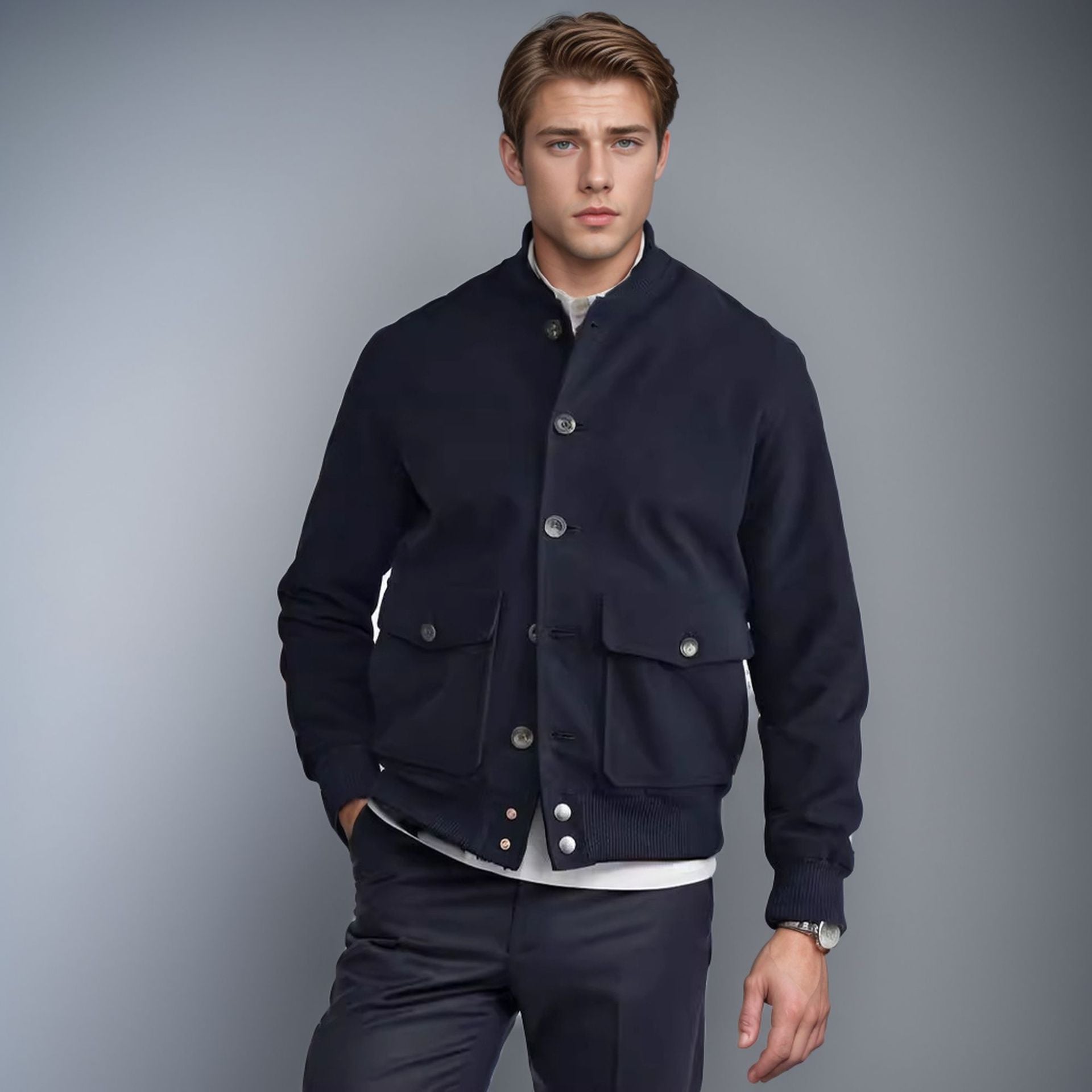 Men’s Jacket – Wool – Structured Fit – Button Down – Ribbed Trim – Hip Length