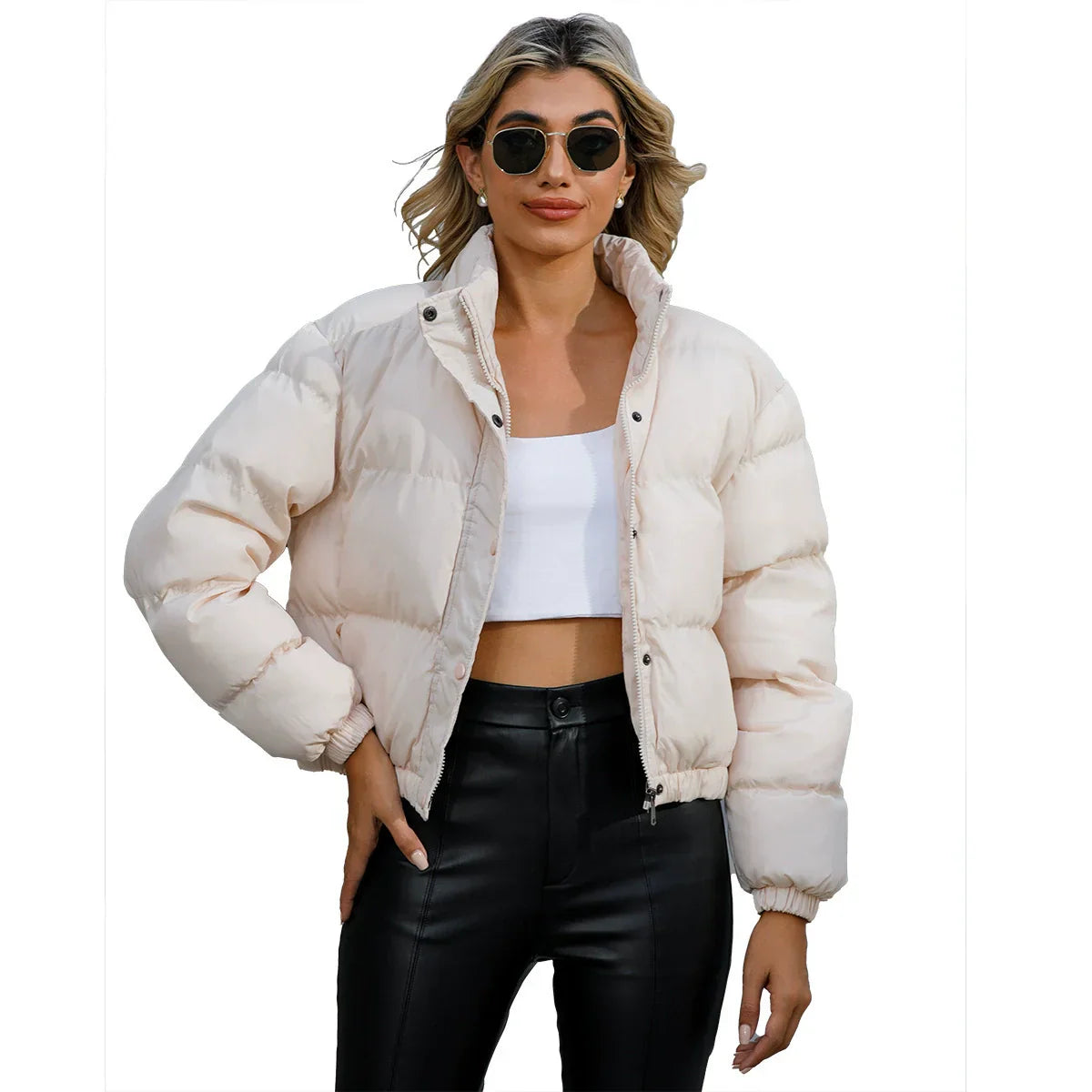 Women’s Puffer Jacket – Oversized Fit – Cropped Length – High Collar – Quilted Warm Design