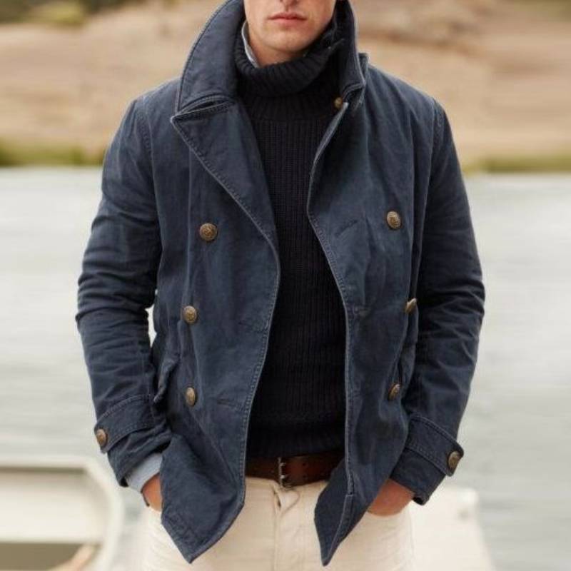 Men’s Double-Breasted Jacket –  Structured Fit – High Collar – Side Pockets