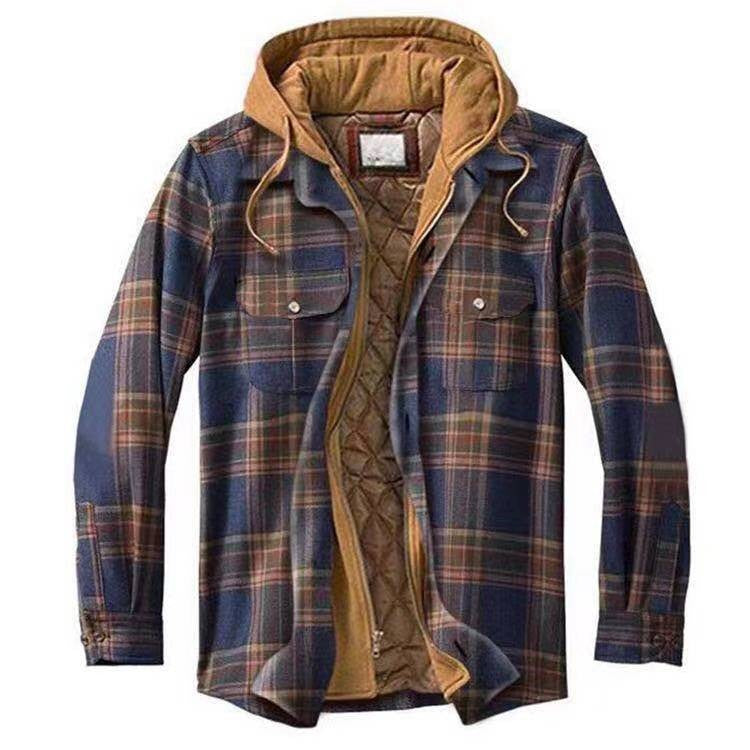 Men’s Hooded Jacket – Quilted Lining – Relaxed Fit – Plaid Pattern