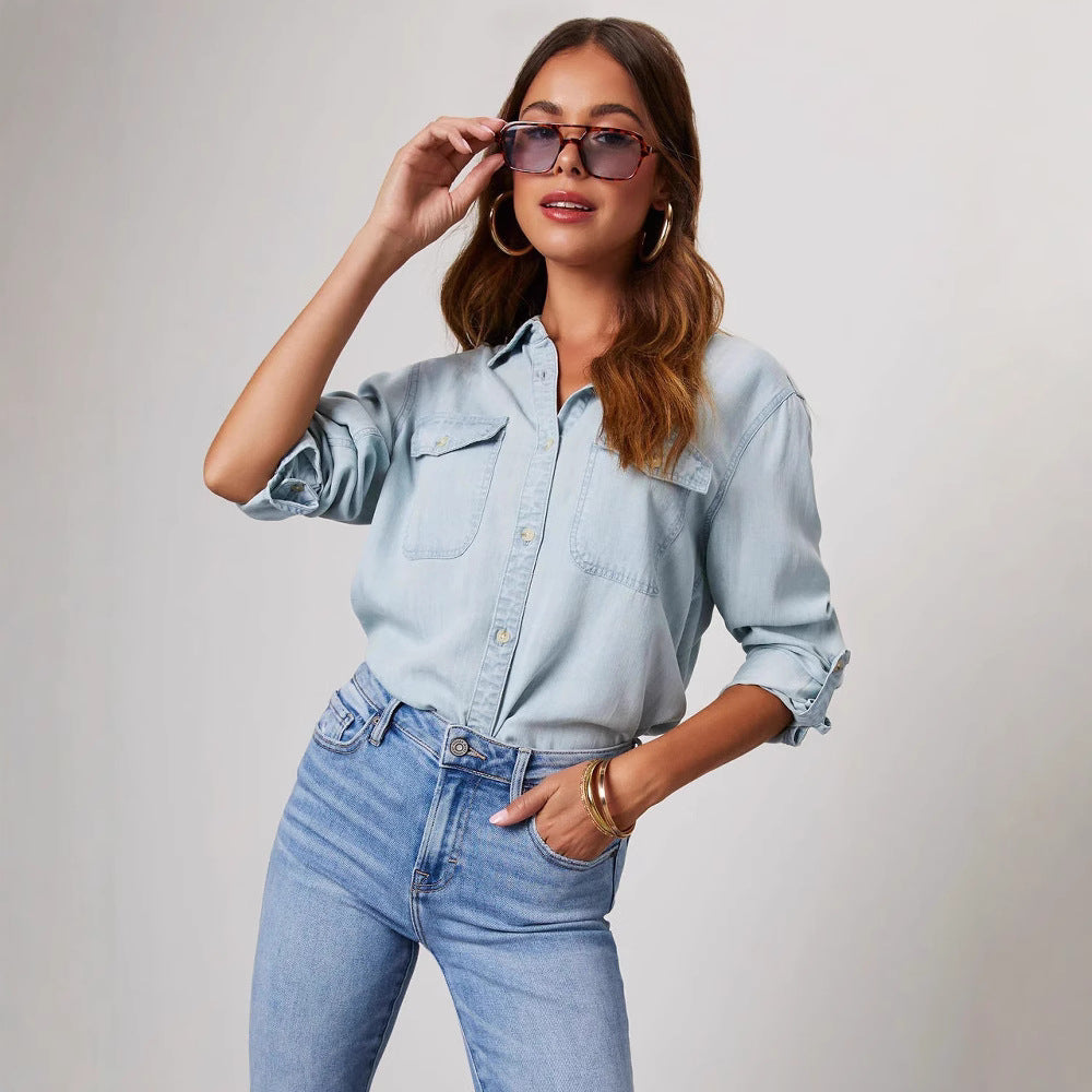 Women’s Denim Shirt – Relaxed Fit – Button Down – Long Sleeve – Chest Pockets