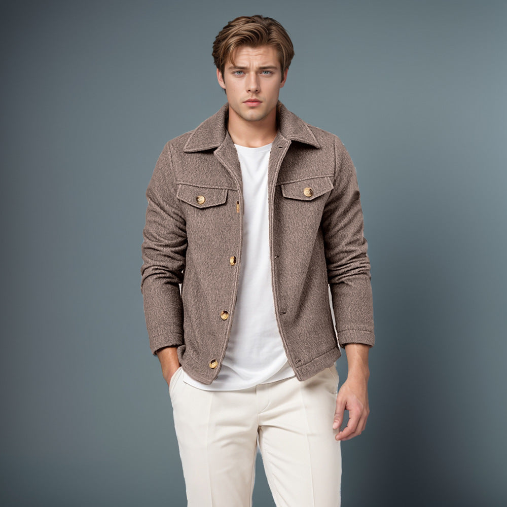 Men’s Wool Jacket – Structured Fit – Wide Collar – Button Front – Chest Pockets