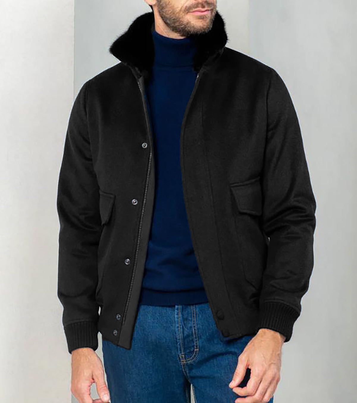 Men’s Turtleneck Jacket – Tailored Fit – Tweed Texture – Plush Collar – Button Front