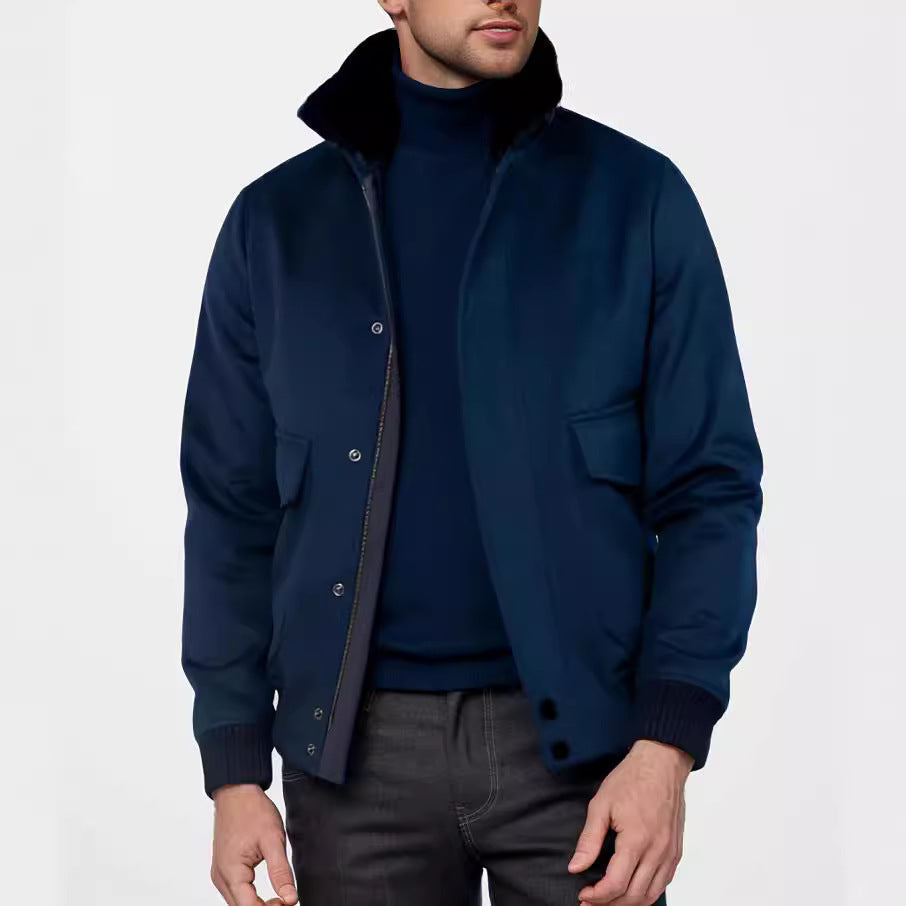Men’s Turtleneck Jacket – Tailored Fit – Tweed Texture – Plush Collar – Button Front
