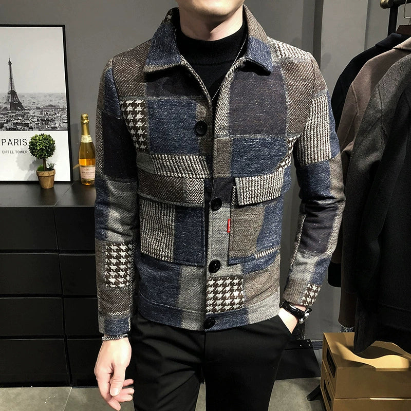 Men’s Wool Jacket – Slim Fit – Plaid Patchwork – Button-Up – Chest Pockets