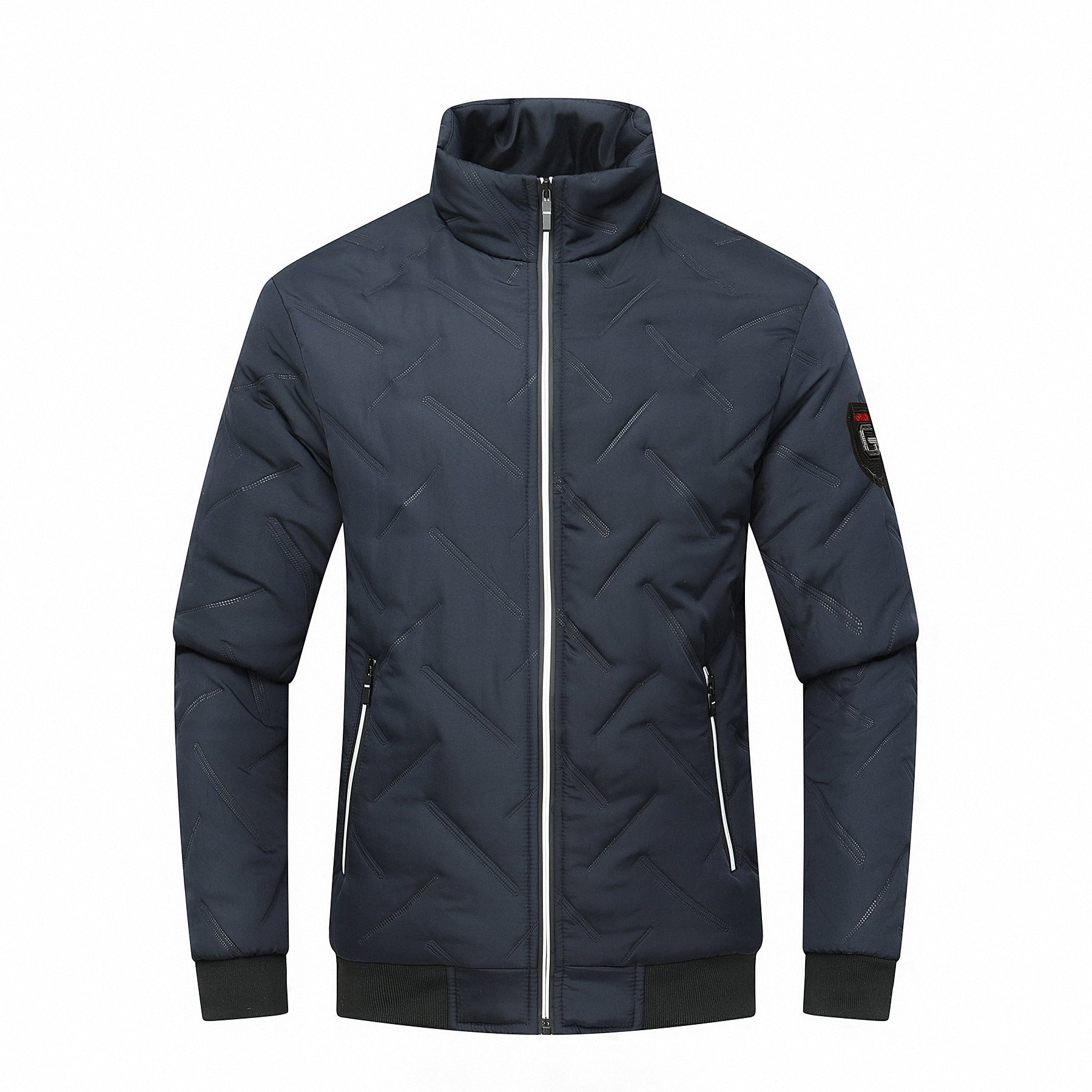 Men’s Quilted Jacket – Slim Fit – Stand Collar – Chevron Stitch – Zippered Pockets