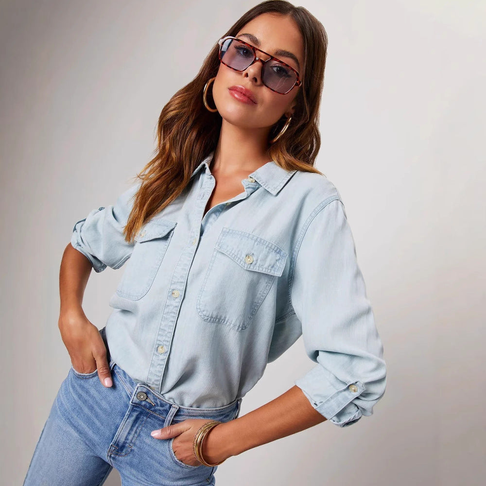 Women’s Denim Shirt – Relaxed Fit – Button Down – Long Sleeve – Chest Pockets