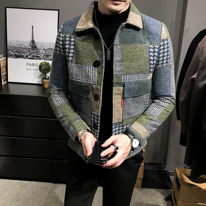 Men’s Wool Jacket – Slim Fit – Plaid Patchwork – Button-Up – Chest Pockets