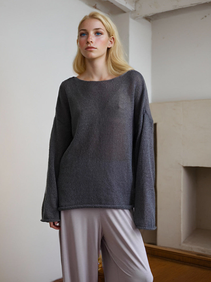 Women’s Knit Sweater – Oversized Fit – Lightweight Breathable – Long Sleeve Round Neck