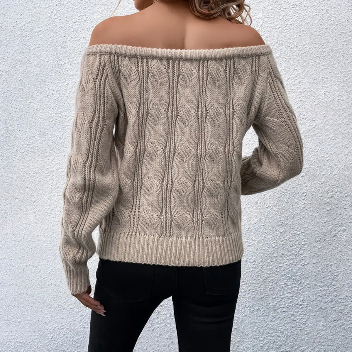Women’s Knitted Sweater – Off Shoulder – Relaxed Fit – Cable Knit – Wool Blend