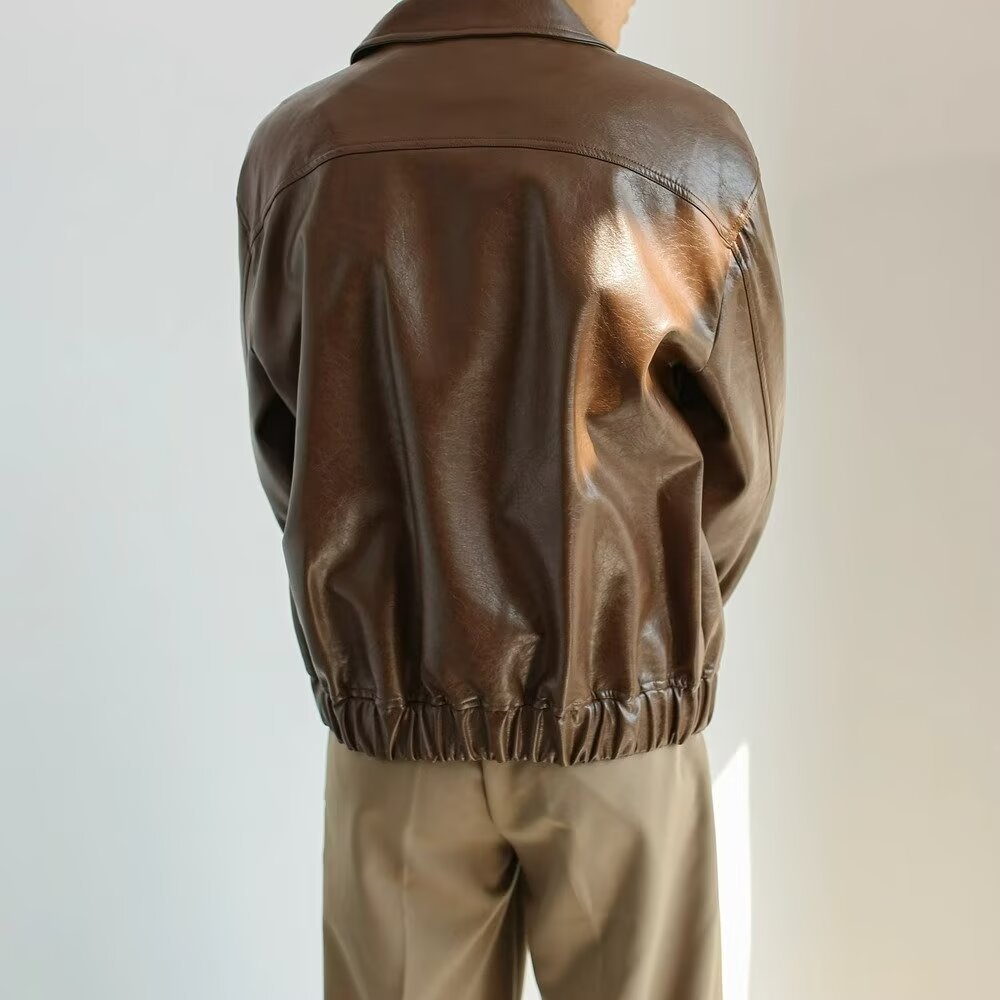 Men’s Leather Jacket – Oversized Fit – Cropped Length – Zip Front – Classic Collar