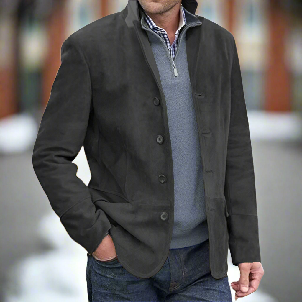 Men’s Suede Jacket – Tailored Fit – Notch Lapel – Button Closure – Hip Length
