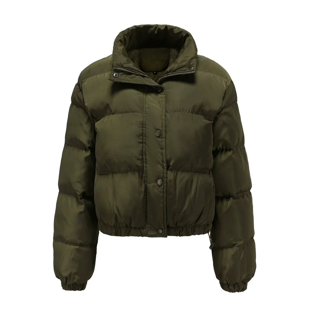 Women’s Puffer Jacket – Oversized Fit – Cropped Length – High Collar – Quilted Warm Design