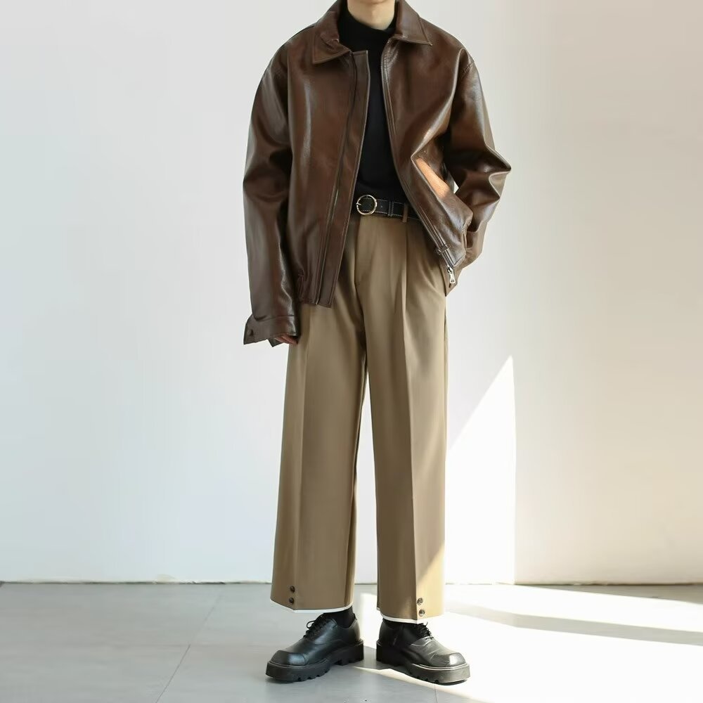 Men’s Leather Jacket – Oversized Fit – Cropped Length – Zip Front – Classic Collar