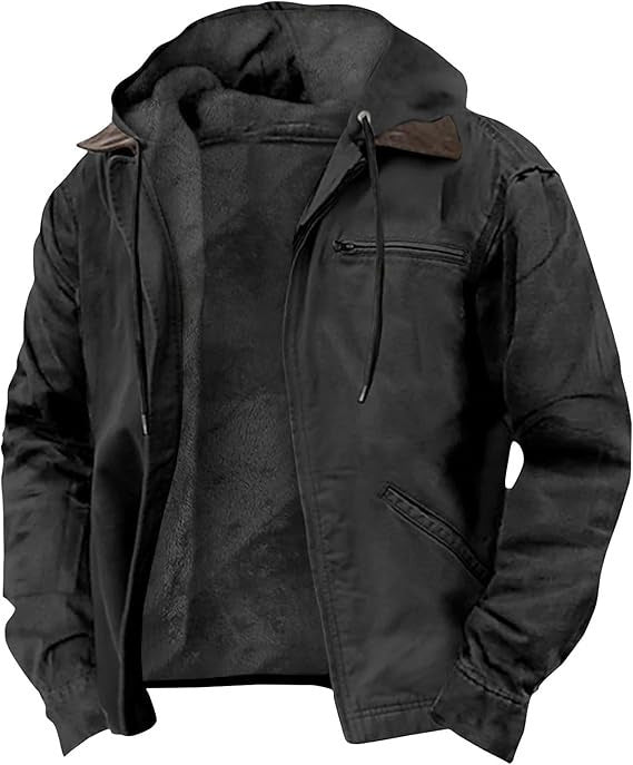 Men’s Hooded Jacket – Fleece Lined – Relaxed Fit – Zip Front – Canvas Outerwear