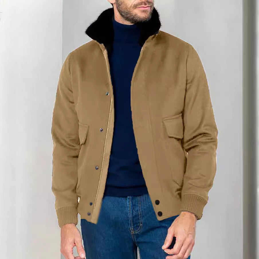 Men’s Turtleneck Jacket – Tailored Fit – Tweed Texture – Plush Collar – Button Front