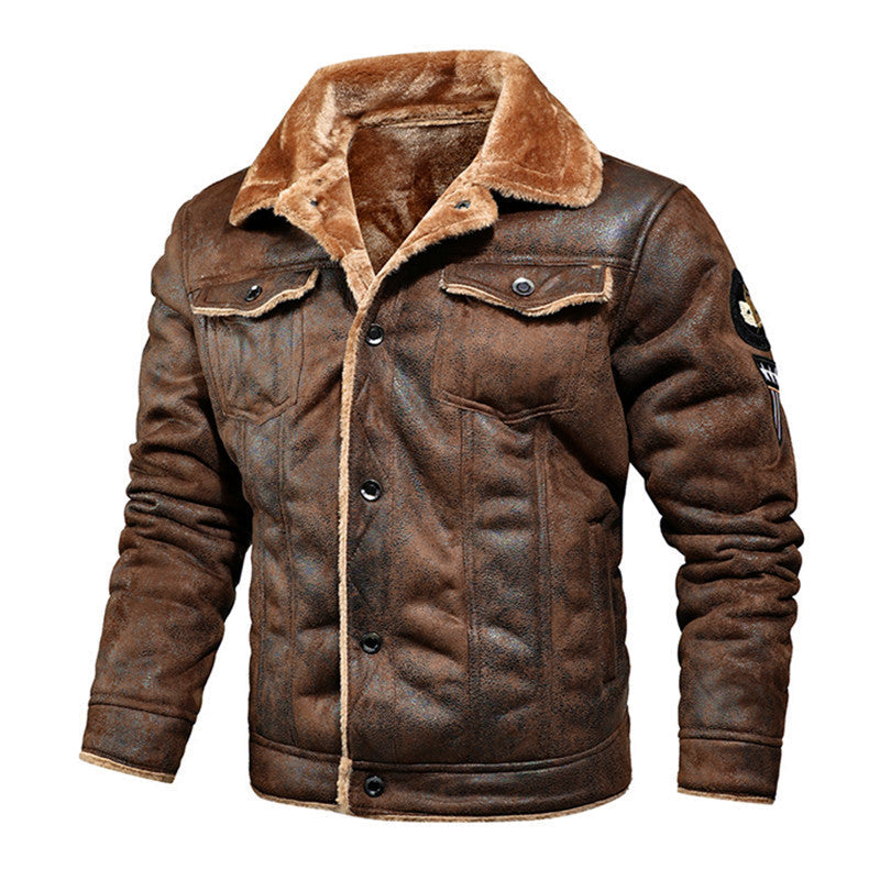 Men’s Leather Jacket - Shearling Lined - High Collar - Button Closure - Tailored Fit