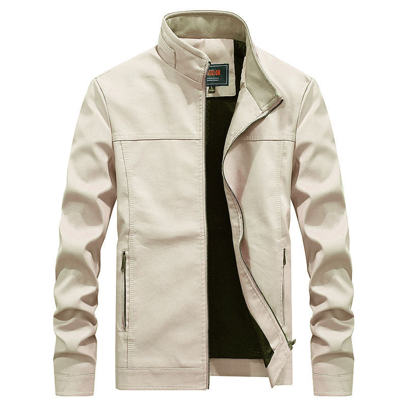 Men’s Motorcycle Jacket – Structured Fit – Stand-up Collar – Zippered Pockets – Leather Look