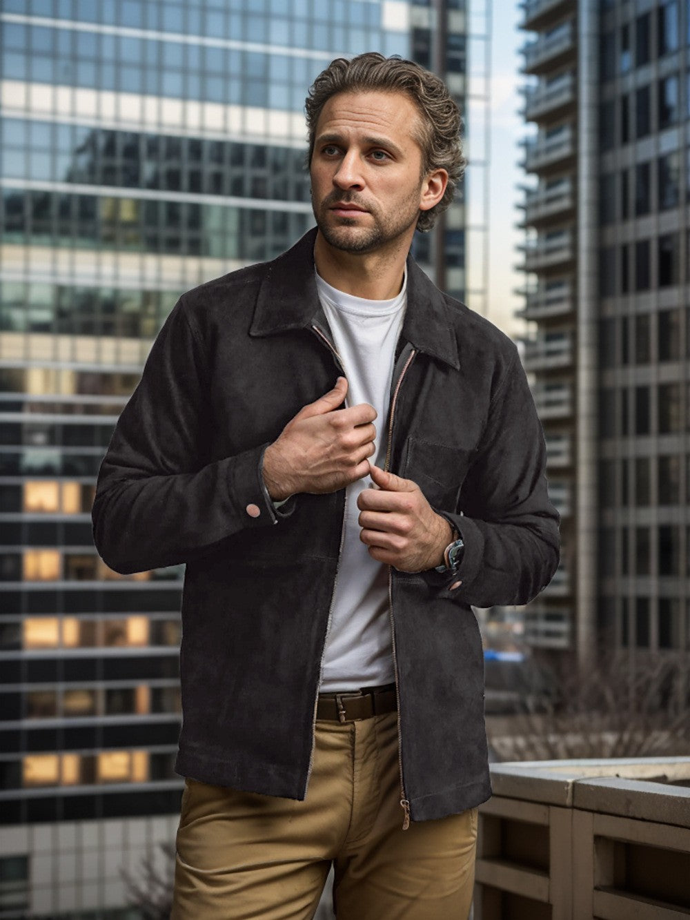 Men’s Suede Jacket – Slim Fit – Zipper Front – Stand Collar – Hip Length Casual Layer