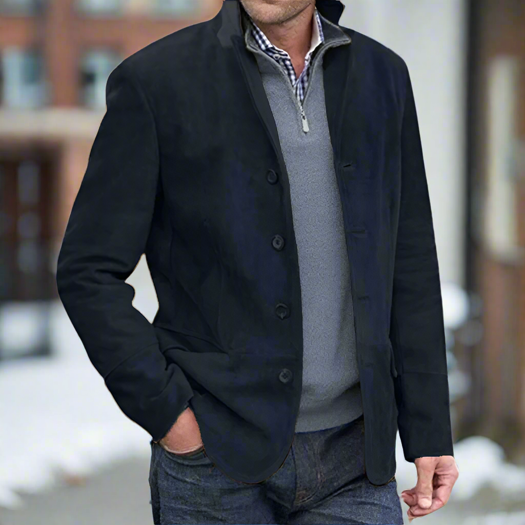 Men’s Suede Jacket – Tailored Fit – Notch Lapel – Button Closure – Hip Length