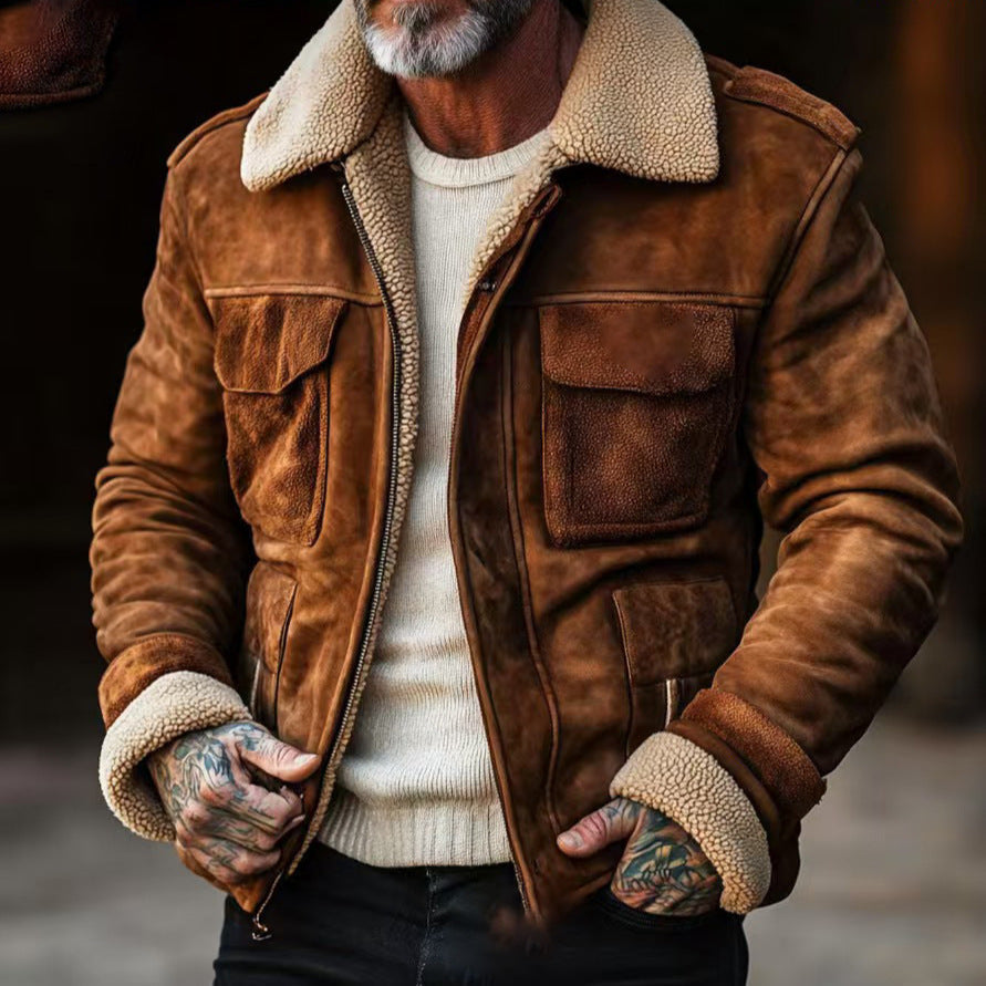 Men’s Shearling Jacket –  Structured Fit – Flap Pockets – Zip Front
