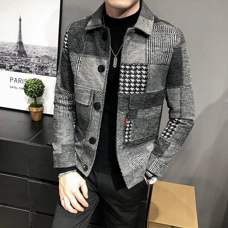 Men’s Wool Jacket – Slim Fit – Plaid Patchwork – Button-Up – Chest Pockets