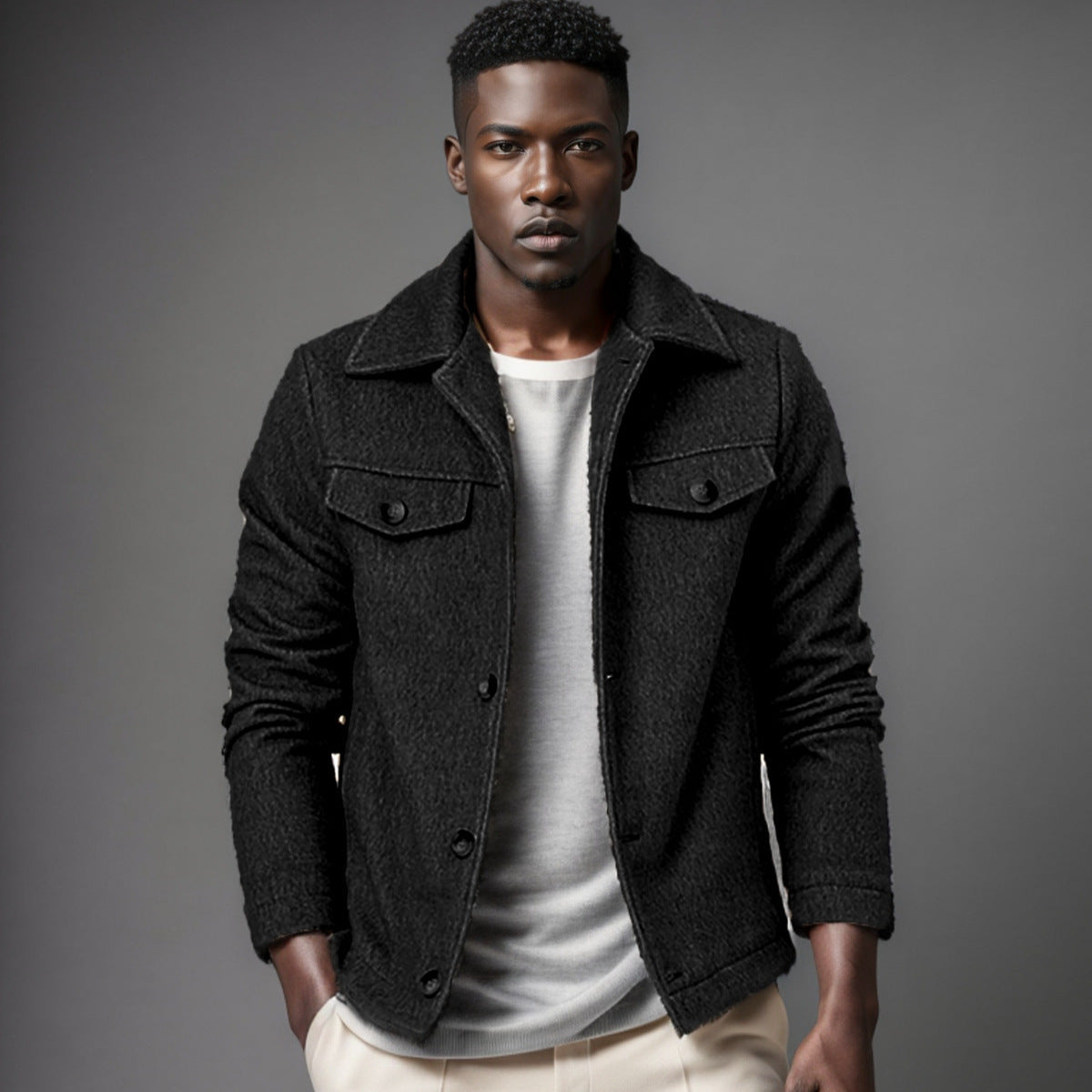 Men’s Wool Jacket – Structured Fit – Wide Collar – Button Front – Chest Pockets